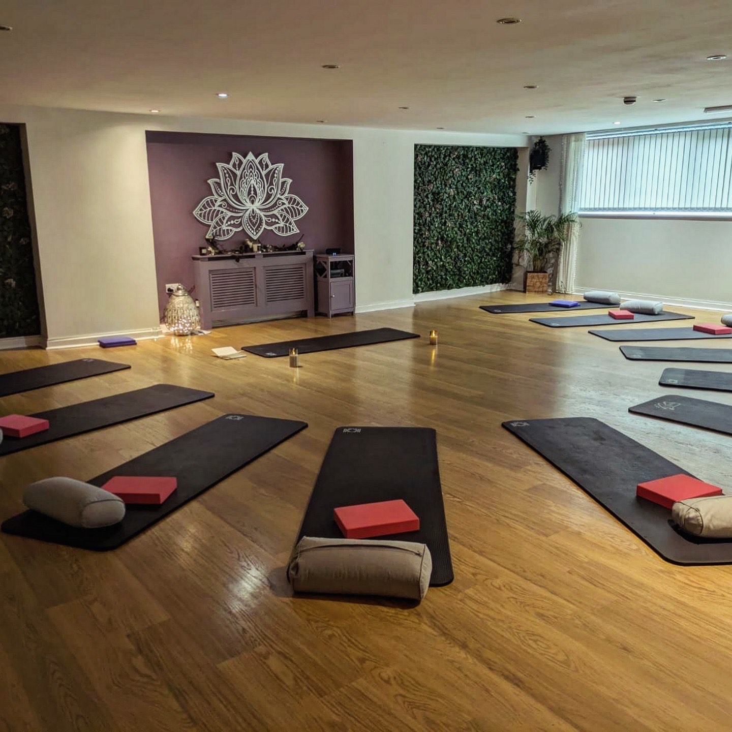 Pregnancy yoga class studio with mats arranged in a sunburst
